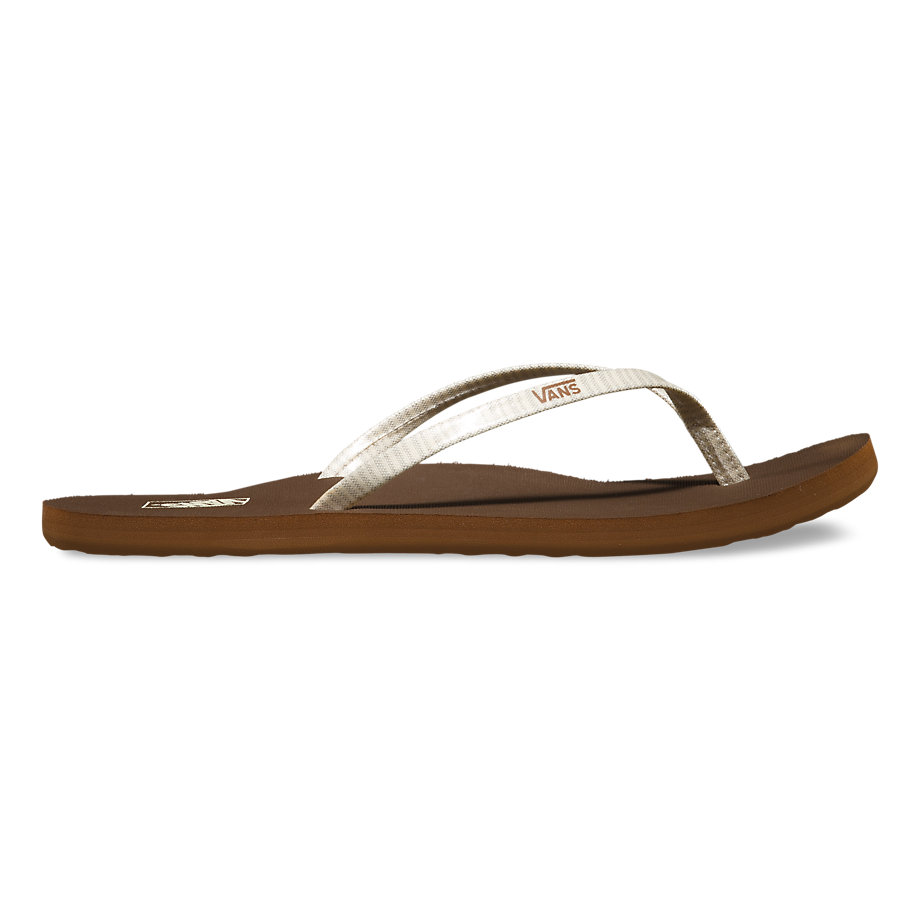 tan and white flip flops